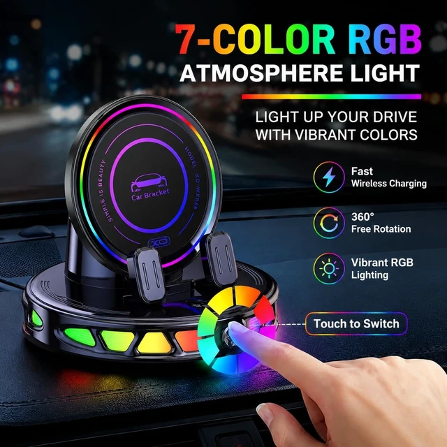 Alt view image 4 of 7 - 15W MagSafe Car Mount Charger with 7-Color RGB Light Car Phone Holder for Your Car Horizontal Mode Wireless Charging 360° Rotating Strong Suction Mount for iPhone 17 Pro Max 16 15 14 13 12