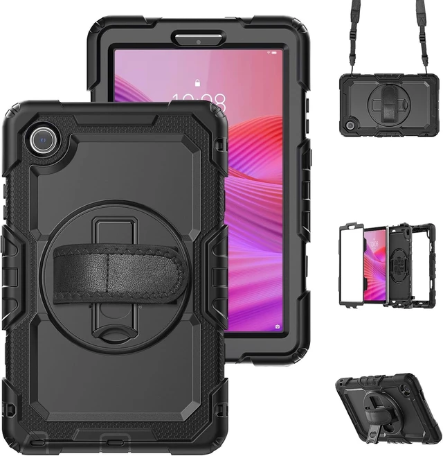 Alt view image 2 of 7 - 360° Rotatable Case for Lenovo Tab One K9 8.7 with Straps Black