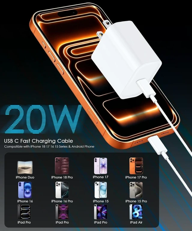 Alt view image 3 of 7 - 20W USBC Charger Block for iPhone 18/17/16/15 Charger Fast Charging