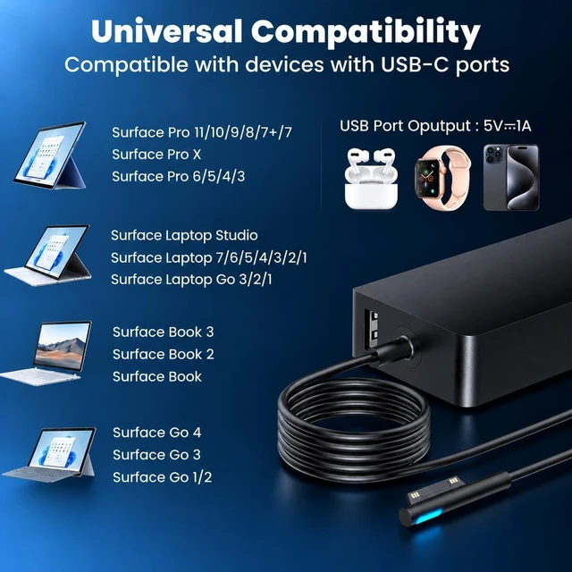 Alt view image 3 of 7 - 102W Surface Book 2 Charger for Microsoft Surface Laptop Studio Surface Laptop 3 4 5 Windows Surface Pro/Go Fast Charge 9.19Ft Super Long Cable with Magnetic Plug & LED