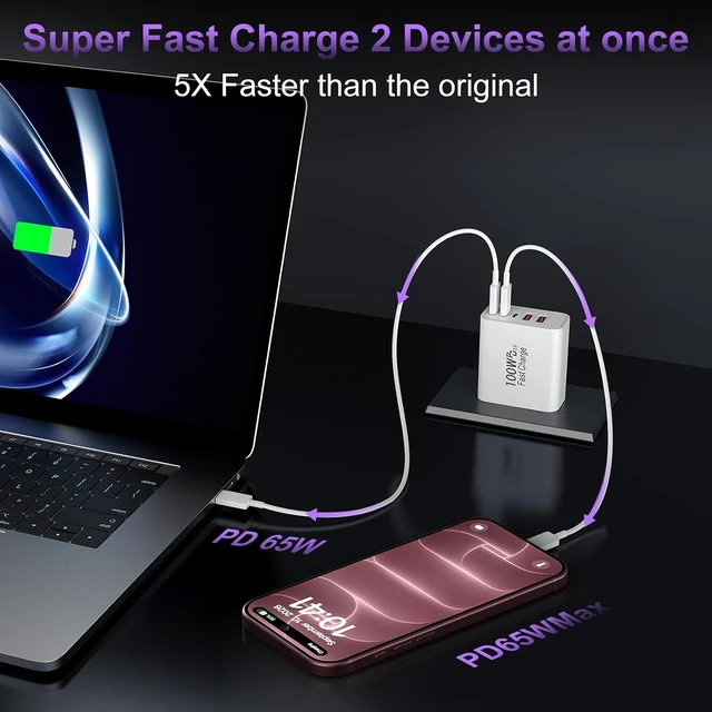Alt view image 3 of 7 - USB C Super Fast Charger Block 100W USBC Charging Block Wall Plug Adapter