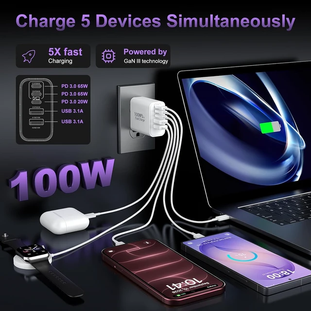 Alt view image 4 of 7 - USB C Super Fast Charger Block 100W USBC Charging Block Wall Plug Adapter