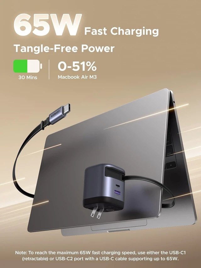 Alt view image 2 of 7 - Nexode 65W Retractable Charger Block 3 in 1 Fast Charging Adapter