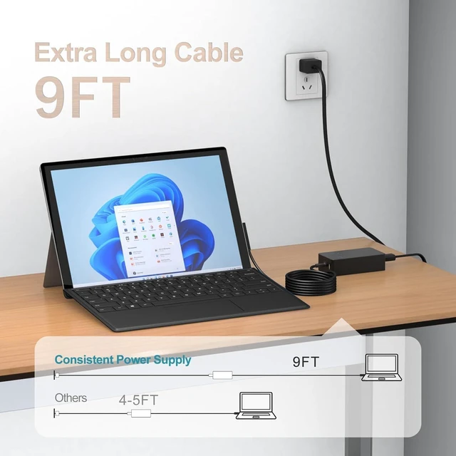 Alt view image 6 of 7 - 65W Surface Laptop Charger for Microsoft Surface Pro 11/10/9/8/7/7+/6/5/4/3/X Surface Laptop 7/6/5/4/3/2 Surface Go 4/3/2 Surface Book 3/2/1 Surface Pro Charger 9ft