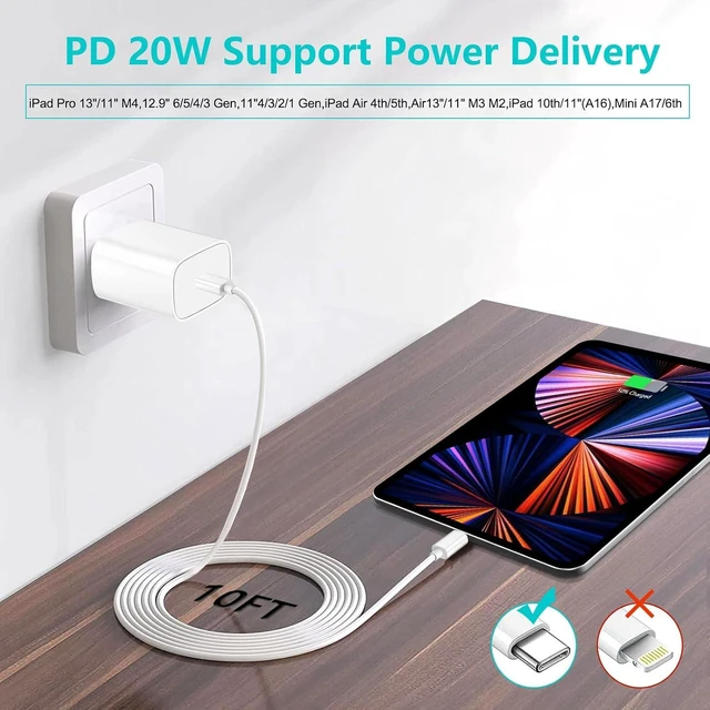 Alt view image 2 of 7 - iPad Pro Charger 20W USB C Fast Charger with 10FT Long Fast Charging Cord for iPad Pro 12.9 5th/4th/3rd 11 inch 3rd/2nd 13 inch M4 iPAD Air 5th/4th Generation/13/11 M3 M2 iPad 10th/11th(A16) Mini A17