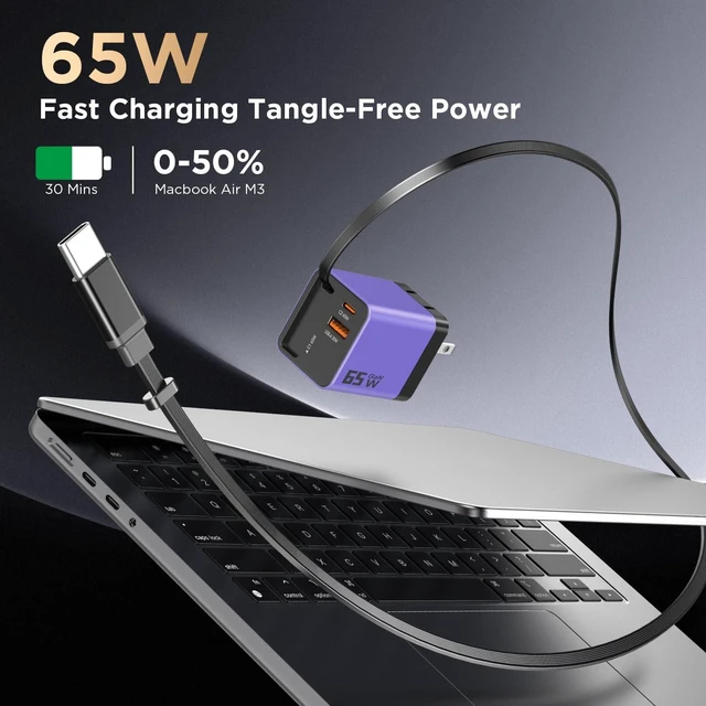 Alt view image 3 of 7 - 65W GaN USB C Charger 3-Port with Retractable 0.7m Cable(Purple)