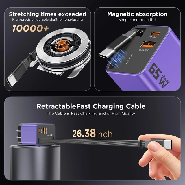 Alt view image 4 of 7 - 65W GaN USB C Charger 3-Port with Retractable 0.7m Cable(Purple)