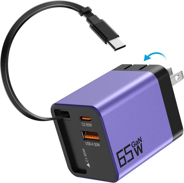 Main image of 65W GaN USB C Charger 3-Port with Retractable 0.7m Cable(Purple)