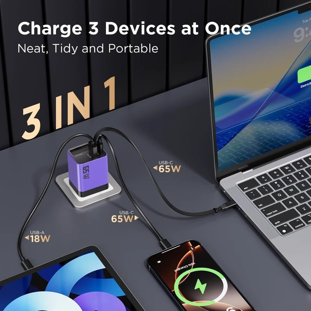 Alt view image 2 of 7 - 65W GaN USB C Charger 3-Port with Retractable 0.7m Cable(Purple)