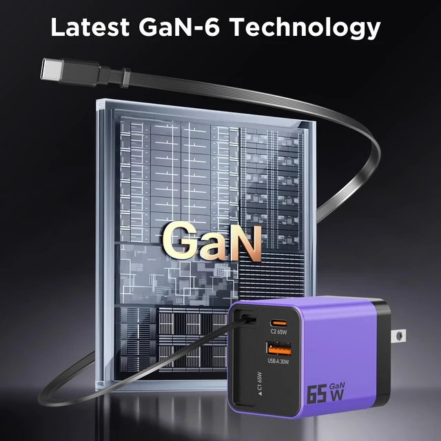Alt view image 5 of 7 - 65W GaN USB C Charger 3-Port with Retractable 0.7m Cable(Purple)