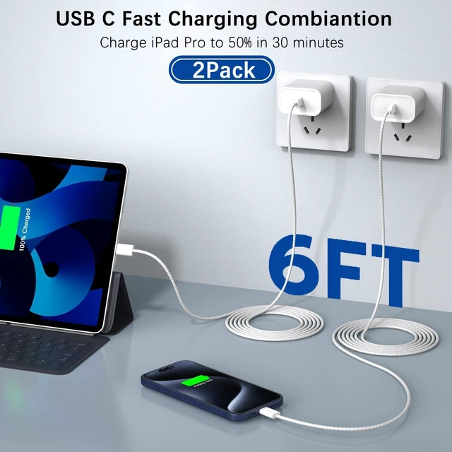 Alt view image 2 of 7 - iPad Fast Charger 2 Pack 20W USB C Charging Block Charge Adapter for iPad Charger with 6FT USB C Woven Fast Charging Cable for iPad Pro 13/12.9/11inch iPad Air 5th/4 iPad mini 6/7 i-Pad 11 A16