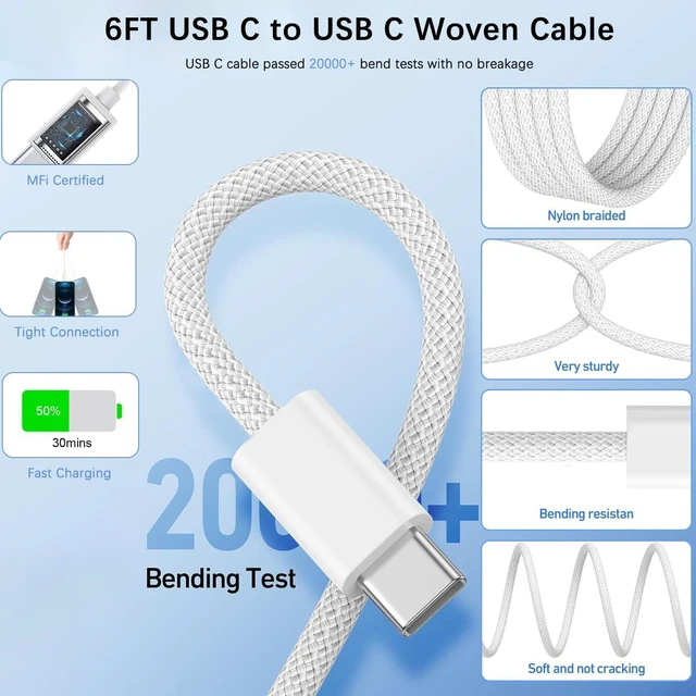 Alt view image 3 of 7 - iPad Fast Charger 2 Pack 20W USB C Charging Block Charge Adapter for iPad Charger with 6FT USB C Woven Fast Charging Cable for iPad Pro 13/12.9/11inch iPad Air 5th/4 iPad mini 6/7 i-Pad 11 A16