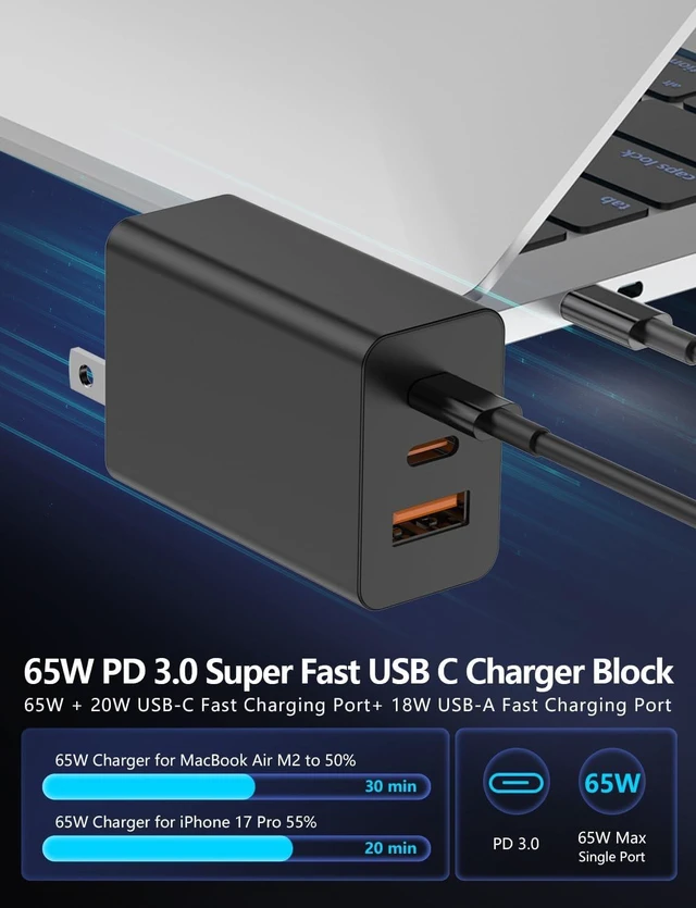Alt view image 3 of 7 - 2-Pack 65W USB C Charger Block 3-Port PD 3.0 Fast Charging Wall Plug