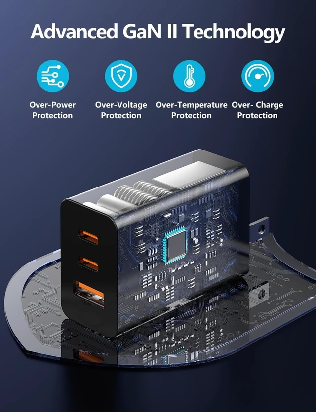 Alt view image 4 of 7 - 2-Pack 65W USB C Charger Block 3-Port PD 3.0 Fast Charging Wall Plug