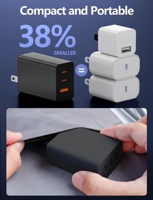 Alt view image 5 of 7 - 2-Pack 65W USB C Charger Block 3-Port PD 3.0 Fast Charging Wall Plug