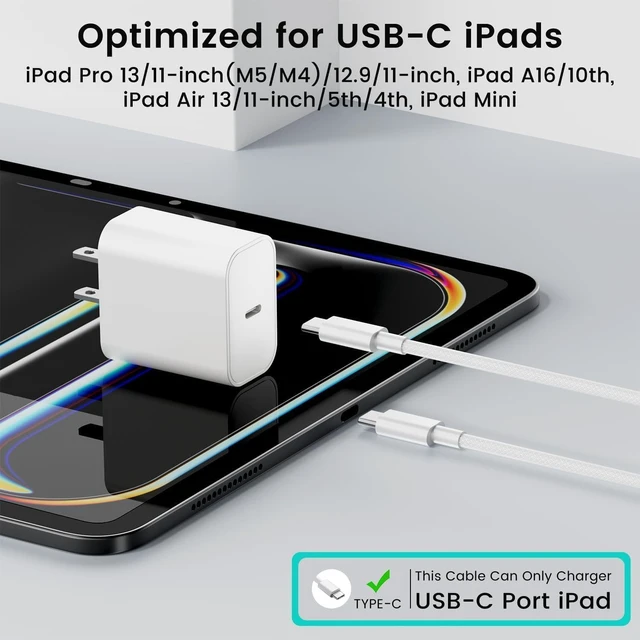 Alt view image 2 of 7 - 2Pack USB C Fast Charger for iPad Pro 13/11/12.9 inch iPad A16/10th Generation iPad Air 13/11 inch/5th/4th/Mini 20W Type C iPad Charger Fast Charging with 6FT Woven USB C to C Charging Cord Cable