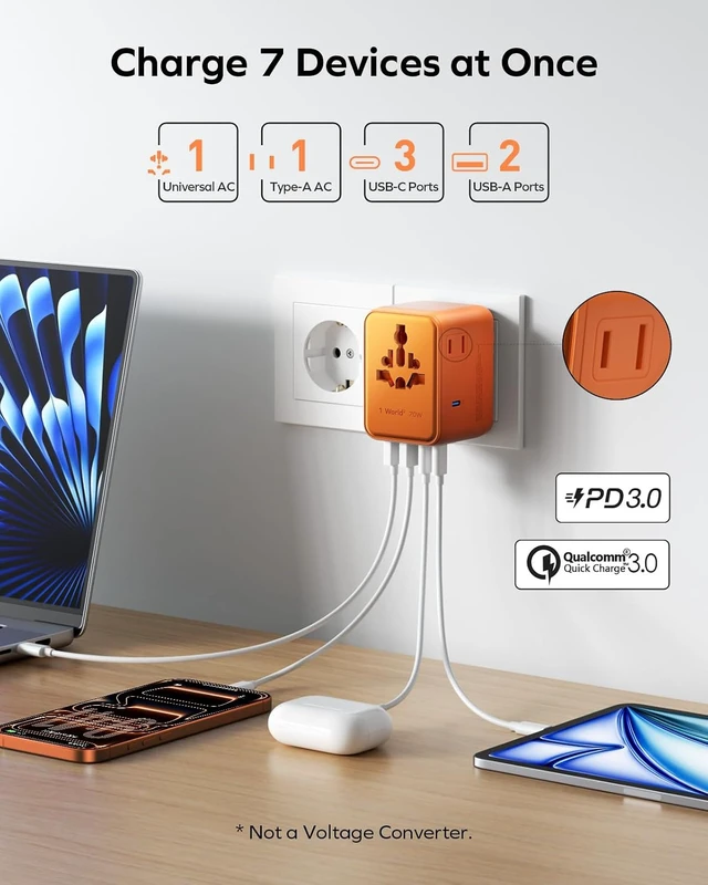 Alt view image 3 of 7 - 70W Universal Travel Adapter 7-in-1 GaN International Power Adapter