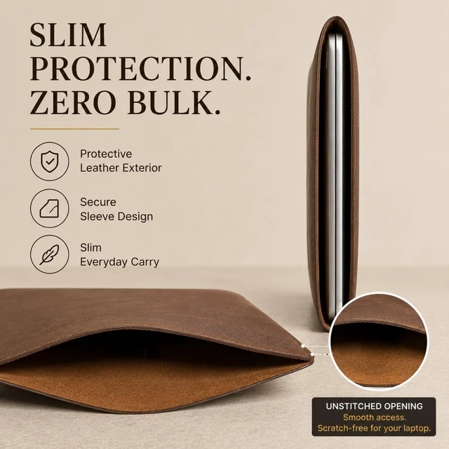 Alt view image 5 of 7 - Leather Laptop Sleeve 13 inch Full Grain Leather Computer Case