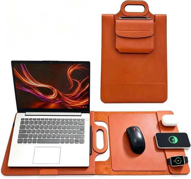 Main image of Wireless Charging Laptop Bag for 16-Inch Laptops Foldable Desk Mat Brown