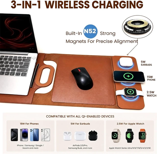 Alt view image 2 of 7 - Wireless Charging Laptop Bag for 16-Inch Laptops Foldable Desk Mat Brown