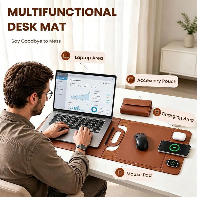 Alt view image 3 of 7 - Wireless Charging Laptop Bag for 16-Inch Laptops Foldable Desk Mat Brown