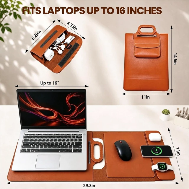 Alt view image 7 of 7 - Wireless Charging Laptop Bag for 16-Inch Laptops Foldable Desk Mat Brown