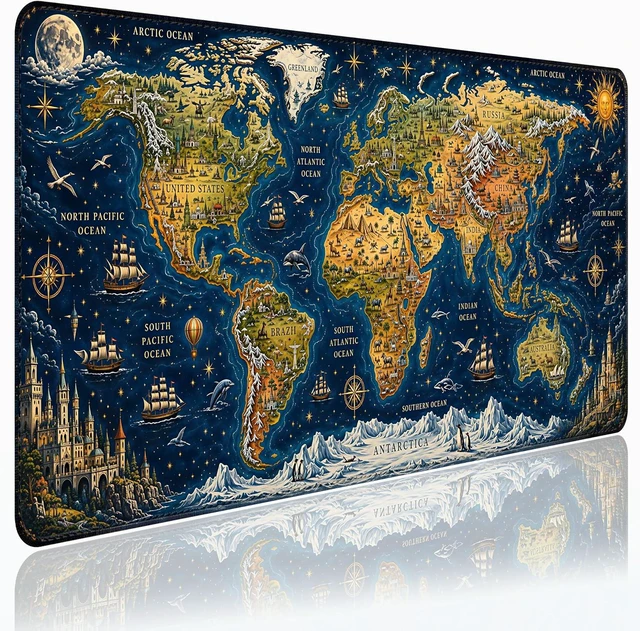 Main image of Large Gaming Mouse Pad Extended Desk Mat 35.4 x 15.7 Vintage World Map
