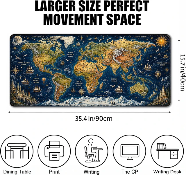 Alt view image 2 of 7 - Large Gaming Mouse Pad Extended Desk Mat 35.4 x 15.7 Vintage World Map