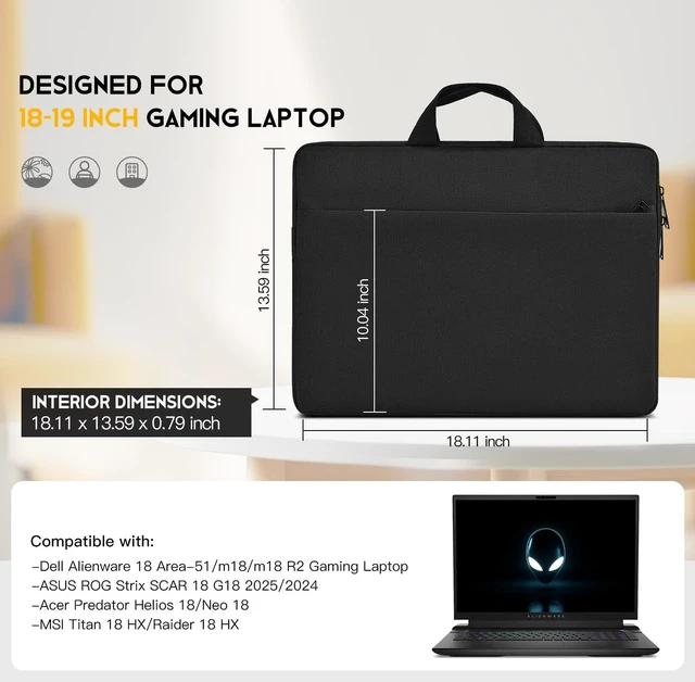 Alt view image 2 of 7 - 18-19 inch Gaming Laptop Case Sleeve for Alienware 18 Area-51 / m18 / m18 R2 Scar 18 2025 2024 / Strix G18 Predator Helios 18 / Neo 18 Padded Laptop Carrying Bag Cover w/Handle-Black