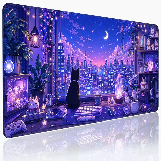 Main image of Large Gaming Mouse Pad Extended Desk Mat 35.4 x 15.7 Moonlit Cat City