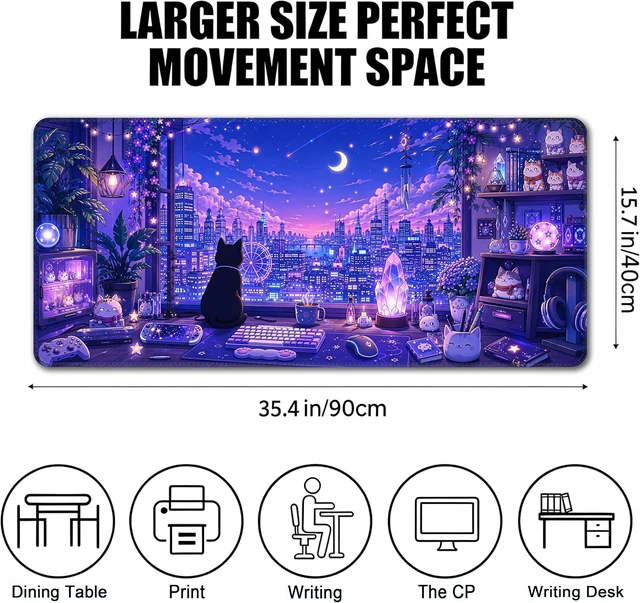 Alt view image 2 of 7 - Large Gaming Mouse Pad Extended Desk Mat 35.4 x 15.7 Moonlit Cat City