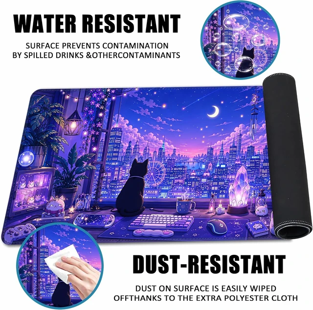 Alt view image 3 of 7 - Large Gaming Mouse Pad Extended Desk Mat 35.4 x 15.7 Moonlit Cat City