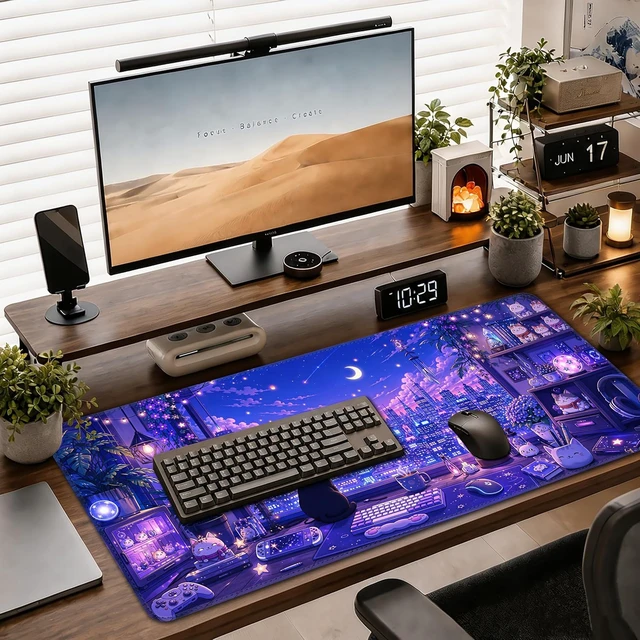 Alt view image 7 of 7 - Large Gaming Mouse Pad Extended Desk Mat 35.4 x 15.7 Moonlit Cat City