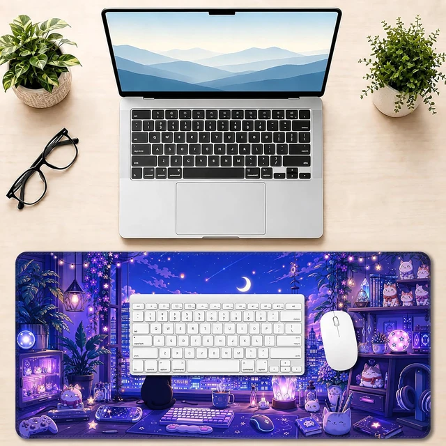Alt view image 6 of 7 - Large Gaming Mouse Pad Extended Desk Mat 35.4 x 15.7 Moonlit Cat City