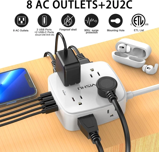 Alt view image 2 of 7 - 6Ft Surge Protector Power Strip with 8 Widely Outlets & 4 USB Ports