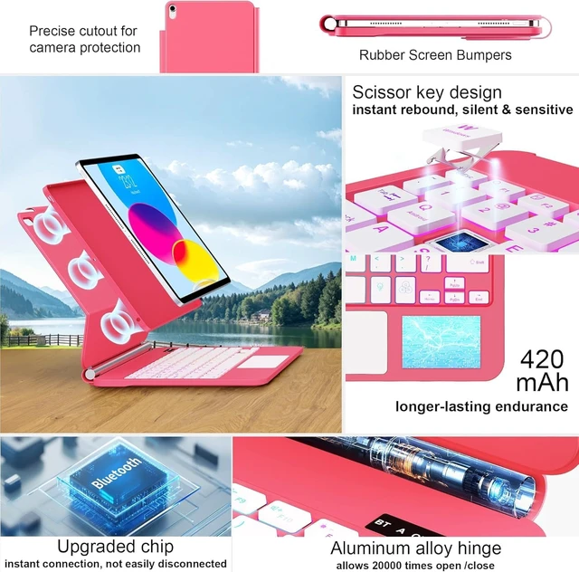 Alt view image 4 of 7 - for iPad 11th /10th Generation Case with Keyboard Portrait/Landscape (Hot Pink)