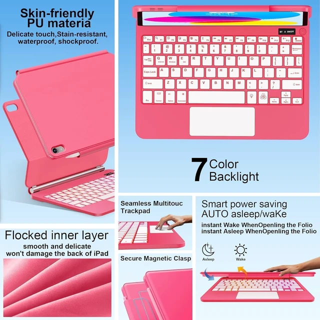 Alt view image 5 of 7 - for iPad 11th /10th Generation Case with Keyboard Portrait/Landscape (Hot Pink)