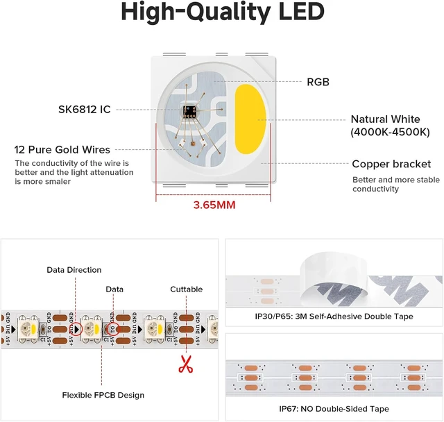 Alt view image 4 of 7 - RGB+Natural White SK6812 LED Strip 16.4FT 300LED IP30 DC12V