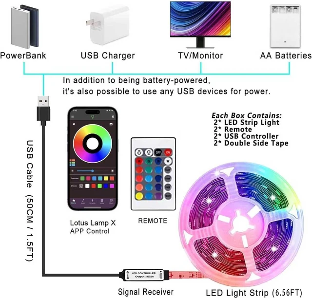 Alt view image 7 of 7 - 2x16.4Ft (32.8Ft) Battery Powered Led Strip Lights