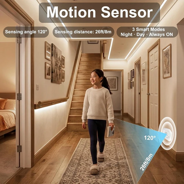 Alt view image 3 of 6 - Motion Sensor COB LED Strip Lights with Remote 24V 9.84ft Natural White Dimmable LED Light Strips High Bright 4000K LED Lights with Power Supply for Room Kitchen DIY Home Decoration