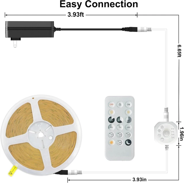 Alt view image 5 of 6 - Motion Sensor COB LED Strip Lights with Remote 24V 9.84ft Natural White Dimmable LED Light Strips High Bright 4000K LED Lights with Power Supply for Room Kitchen DIY Home Decoration