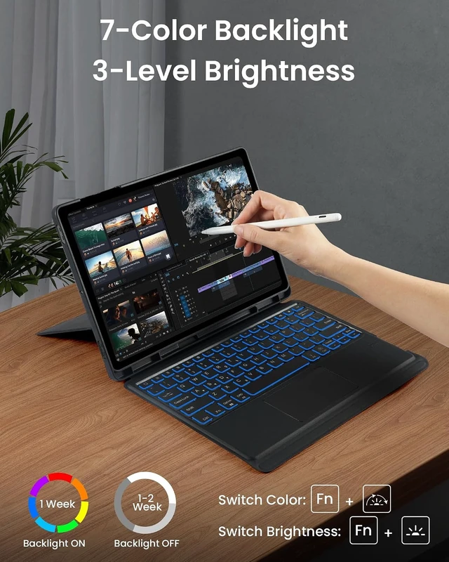 Alt view image 6 of 7 - Backlit Rotatable Keyboard Case with Trackpad Galaxy Tab S10+/S9 FE+/S9+/S8+/S7+/S7 FE 12.4 7-Color Backlight Slim Cover with Detachable Keyboard for Tab 12.4 Inch Black