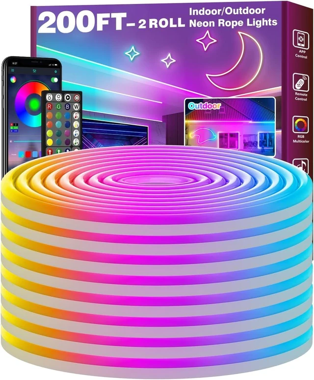 Main image of 200Ft Led Rope Lights Flexible Neon Lights Control with App/Remote Multiple Modes IP65 Outdoor RGB Waterproof Music Sync Gaming Light Strip for Bedroom Decor (200FT)