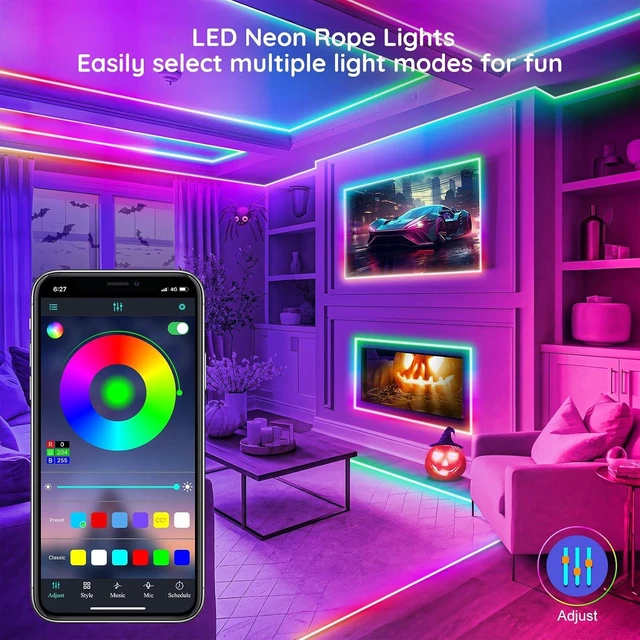 Alt view image 2 of 7 - 200Ft Led Rope Lights Flexible Neon Lights Control with App/Remote Multiple Modes IP65 Outdoor RGB Waterproof Music Sync Gaming Light Strip for Bedroom Decor (200FT)