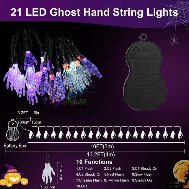 Alt view image 5 of 7 - 21 LED Ghost String Lights 10 Modes 10FT Dual-Color Fairy Lights Indoor Battery Operated for Halloween Holiday Party Bedroom Window Porch Home Decoration(Purple+Multi-Color)