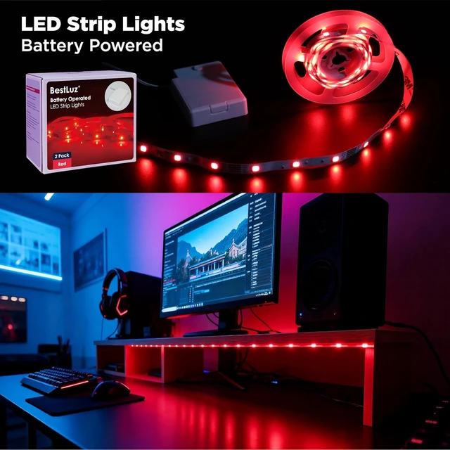 Alt view image 2 of 6 - LED Strip Lights Battery Operated 3.33ft x 2 Pack Flexible LED Light Strip Battery Powered Lighting for Bedroom Room Decor Cabinet Shelf TV Backlight Red