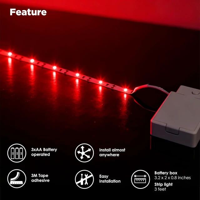 Alt view image 3 of 6 - LED Strip Lights Battery Operated 3.33ft x 2 Pack Flexible LED Light Strip Battery Powered Lighting for Bedroom Room Decor Cabinet Shelf TV Backlight Red