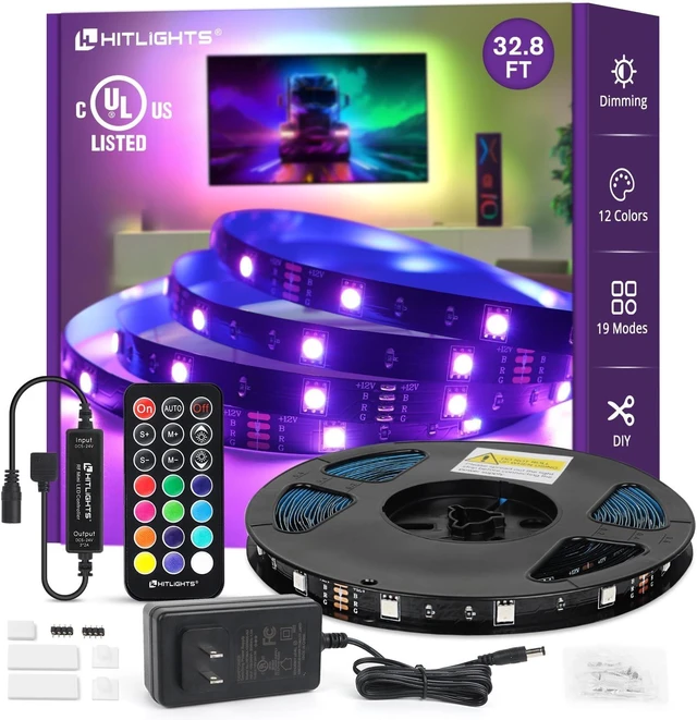Main image of 32.8ft LED Strip Lights RGB 5050 Color Changing LED Light Kit Ultra Brighter 300LEDs Flexible Light Strips with RF Remote and UL Power Supply for Home Room Party TV Bedroom