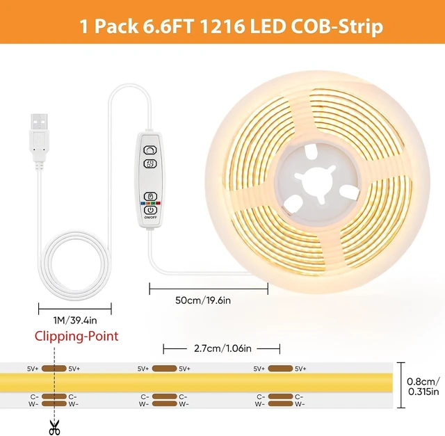 Alt view image 5 of 7 - COB LED Strip Lights 6.6 FT Dimmable 2700k-6500k USB Powered