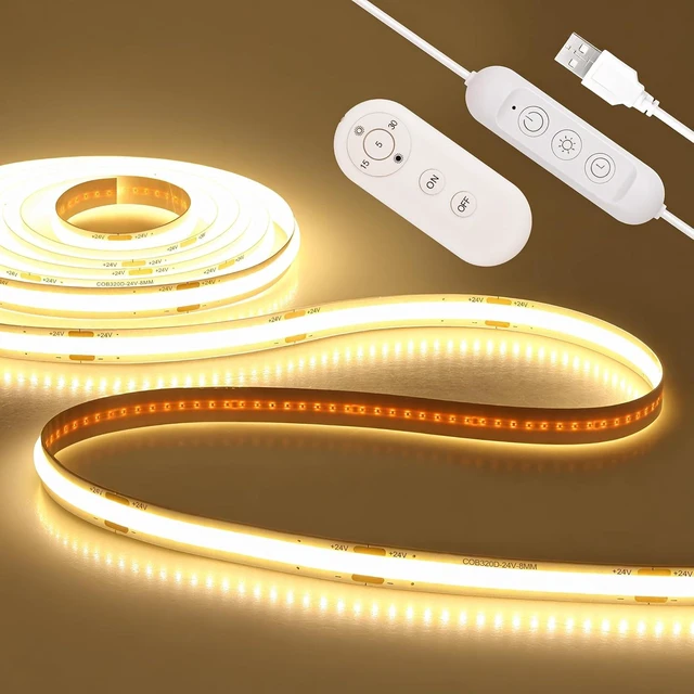 Main image of USB LED Light Strip 5V 6.56FT 3000K Warm White COB LED Strip Lights with Remote Lights Dotless Super Bright Dimmable Flexible for TV Backlight Bedroom Under Cabinet Kitchen Shelf Lighting